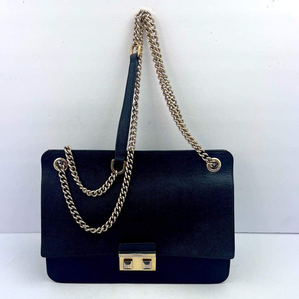 Furla Bella Shoulder/Crossbody Bag, Black Color W/Gold Hardware, Genuine Leather